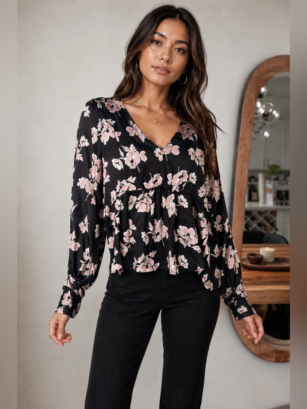cinq a sept Black Blouse with Pink Floral Print